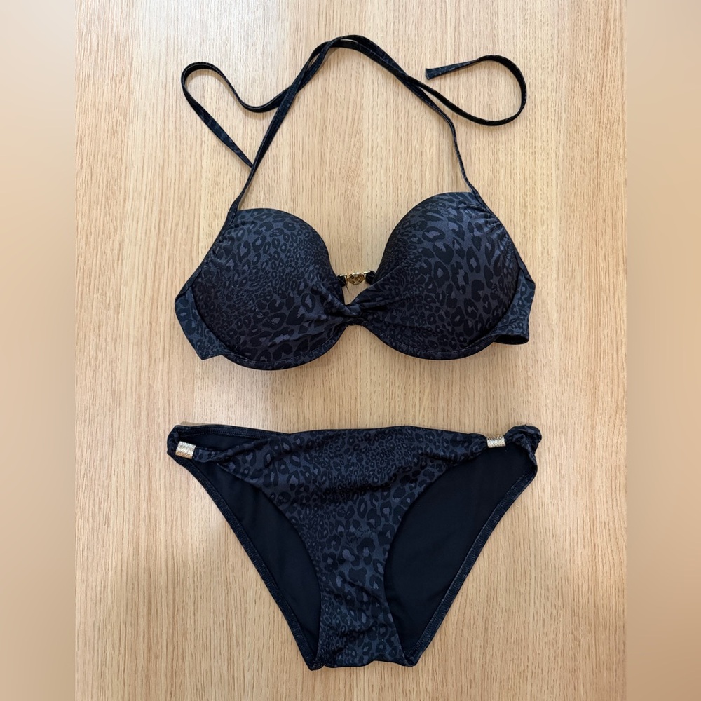 Victoria’s Secret Dark Gray Leopard Print Push-Up Bikini Set 34D / S